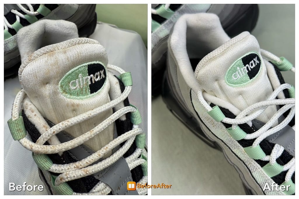 左側スニーカー クリーニング前 汚れの状態と右側スニーカー クリーニング後 仕上がり