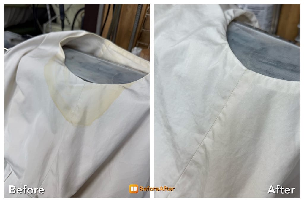 左側ワイシャツ 襟黄ばみ クリーニング Before
右側ワイシャツ 襟黄ばみ クリーニング After