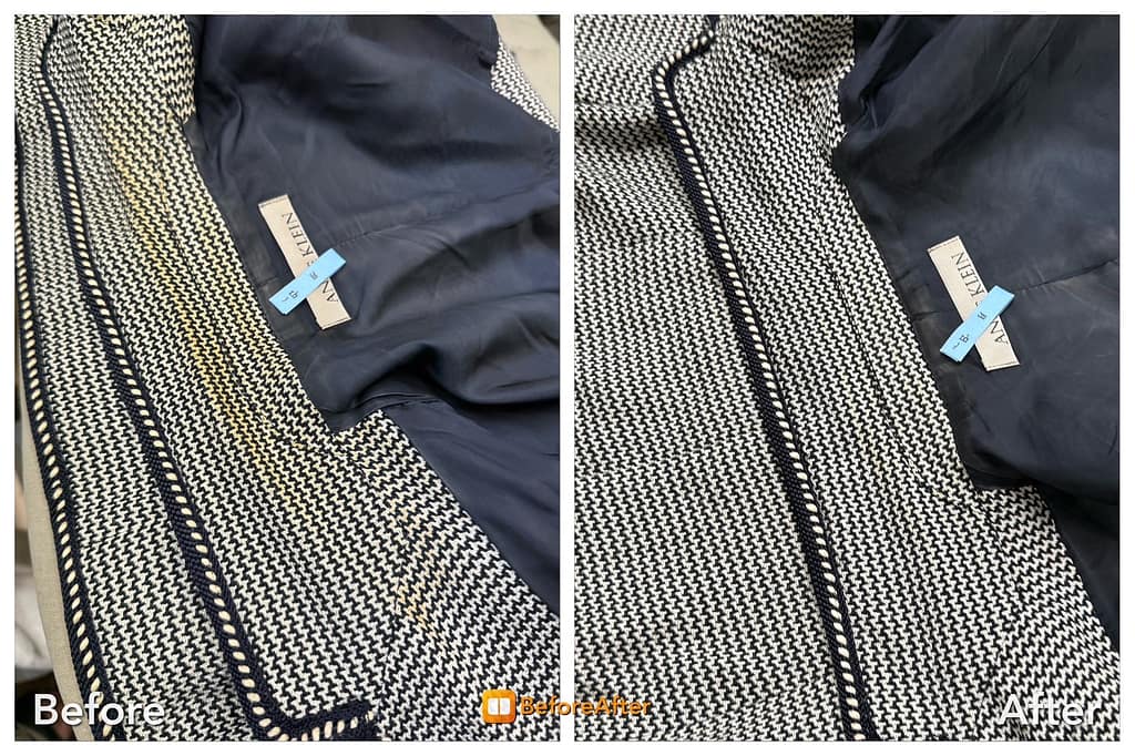 左側コート シミ抜き前 汚れの状態と右側コート シミ抜き後 クリーニング仕上がり