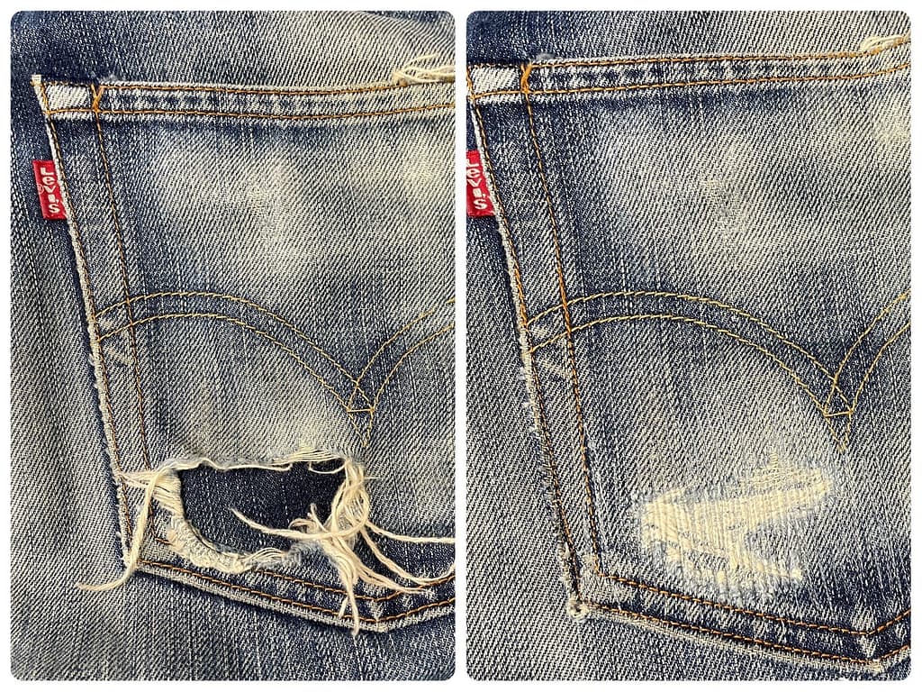 破れた状態のジーンズポケット 修理前の様子と風合いを残して補修されたジーンズポケットの仕上がり
