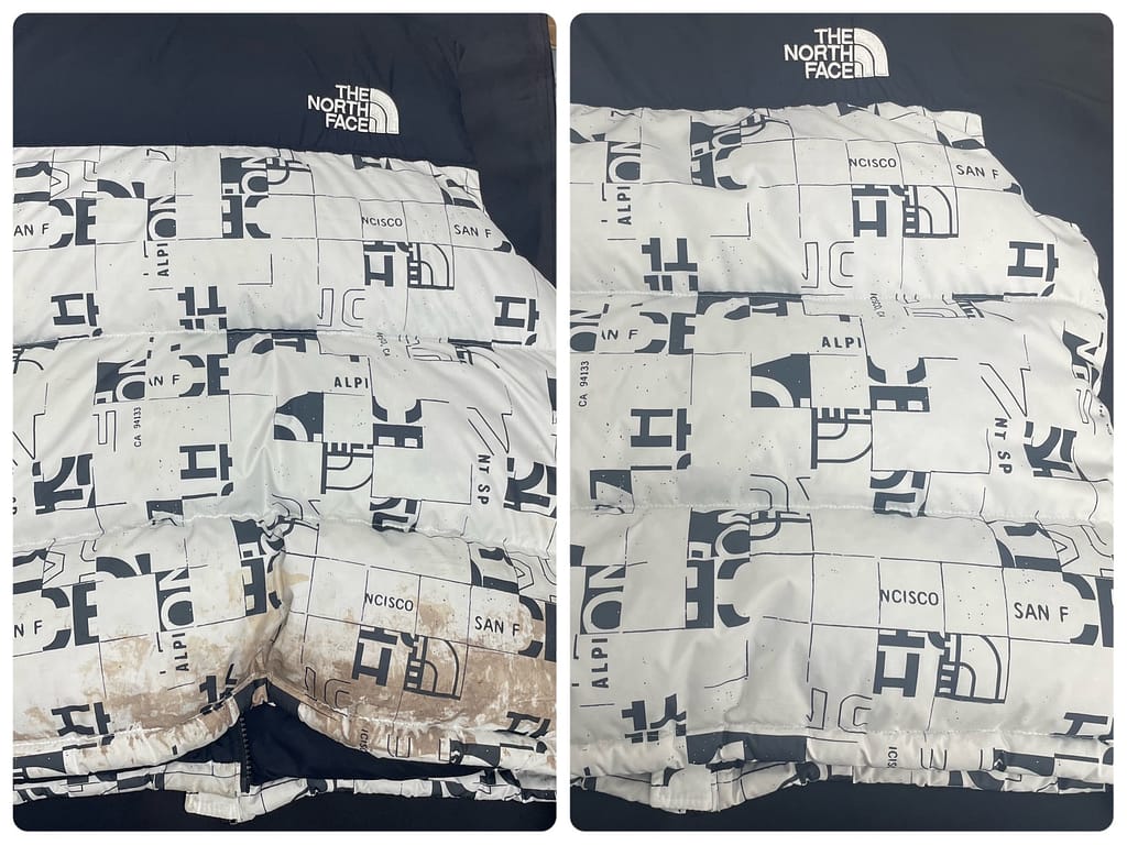 広範囲に汚れが付着したダウンジャケットのしみ抜きビフォーアフター