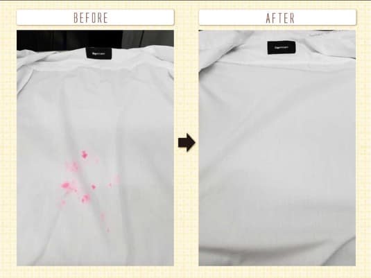 白いTシャツの赤いシミ しみ抜き前後の比較